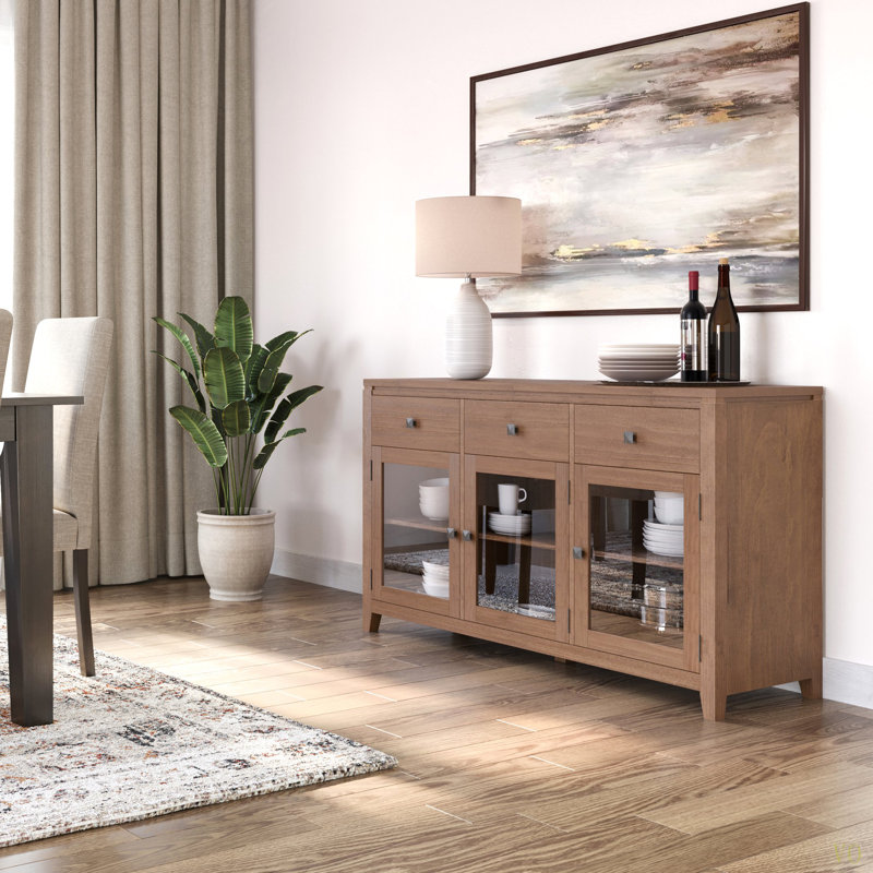 Buffet Sideboard - selle moyenne avec 3 tiroirs, 3 portes en verre trempé avec tablettes réglables, rangement multifonctionnel pour les salons, les salles familiales ou les salles à manger