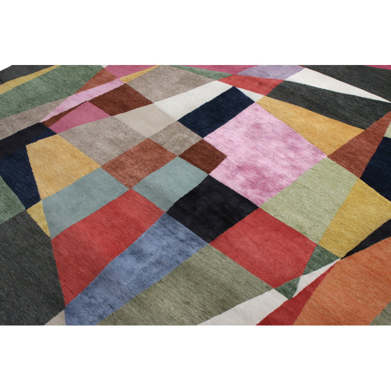 Mid Century Modern Hand Knotted Wool Geometric Area Rug, Rectangle 13' x 18'