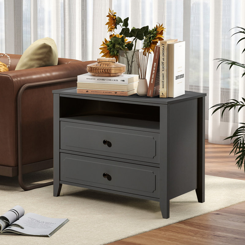 29.9" W Wood Nightstand With Two Drawers, Gray