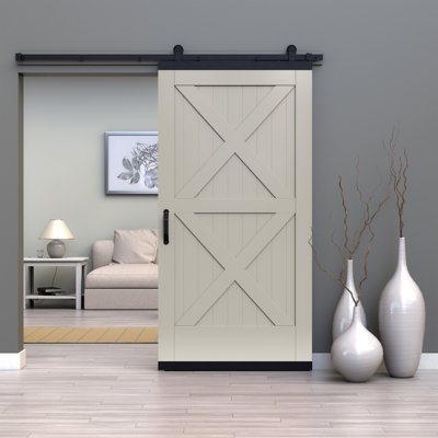 Karona Crossbuck Primed Composite Sliding Barn Door w/ Hardware Kit