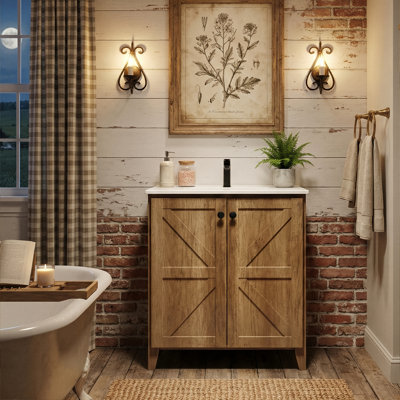 Meuble-lavabo de plancher pliant breveté de 30 po avec lavabo en céramique, armoire autoportante sans outil en 1 minute (chêne doré)