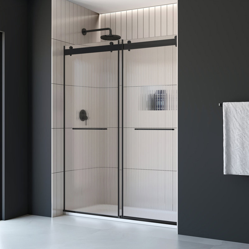 Molly 60" W X 32" D X 76" H Frameless Shower Door Rectangular Shower Kit In Black With Fluted Glass Finish, Black