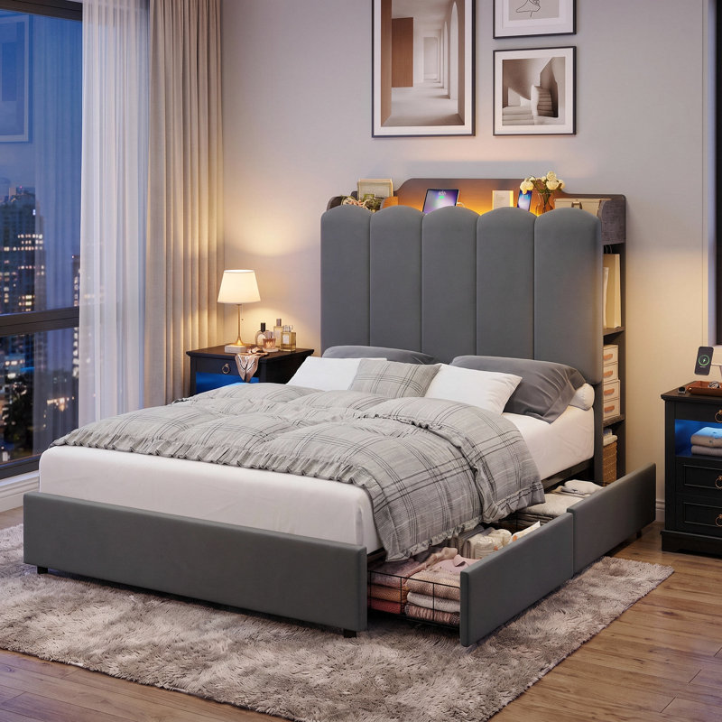 Aldfreck 3 Piece Upholstered Velvet Bedroom Set, Gris / Noir, Lit double