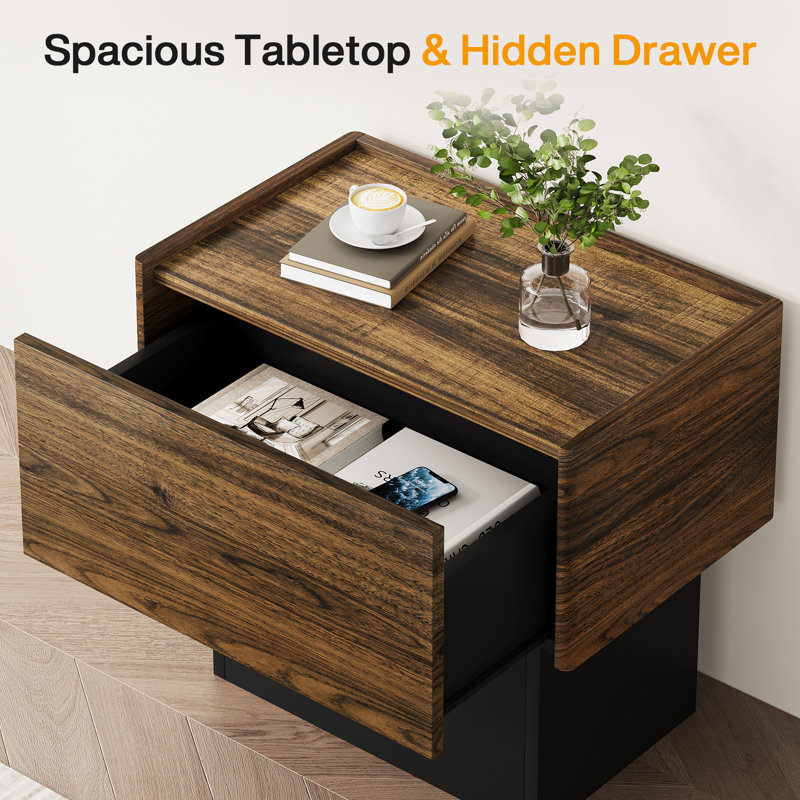 Nightstand with Drawer & LED light, End Side Table, Set of 2