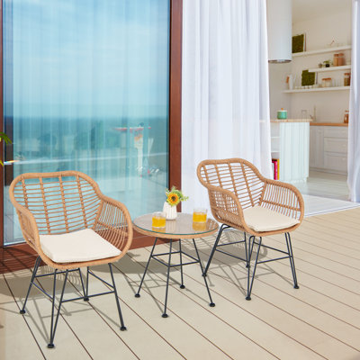 3 Pieces Patio Bistro Set Outdoor PE Rattan Armchairs With Tempered Glass Coffee Table