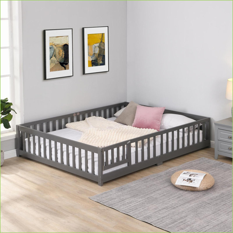 Hockensmith Size Solid Pine Wood Platform Bed Frame with Safety Fence &amp; Door Gray, Gray, Full