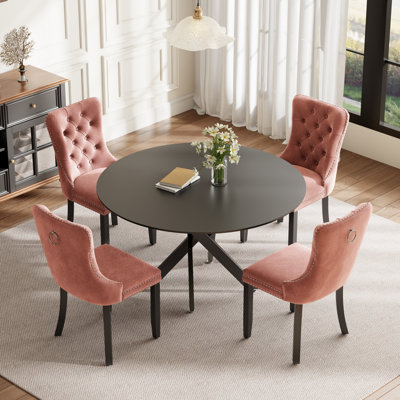 Round Wood Dining Set with Tufted Dining Chair