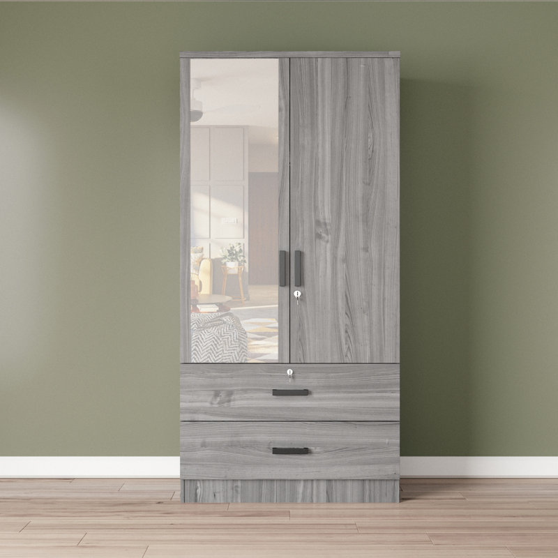 Majoch Mirrored 2 Door Wardrobe & 2 Drawers, Grey