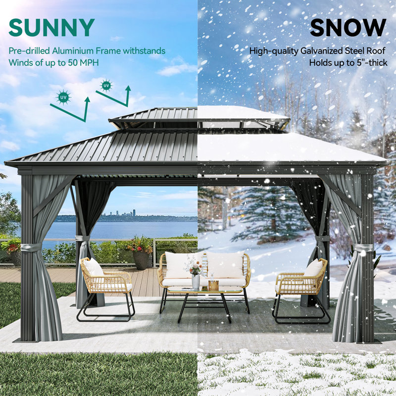 Outdoor Metal Hardtop Patio Gazebo with Privacy Curtain and Mosquito Netting, 16 ft. W x 12 ft. D