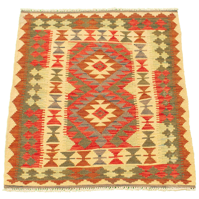 Tapis ivoire / rouge en laine à motif géométrique fait à la main Gosford