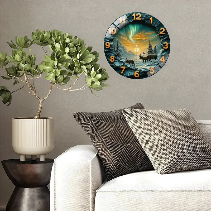 Horloge murale renne paysage d'hiver