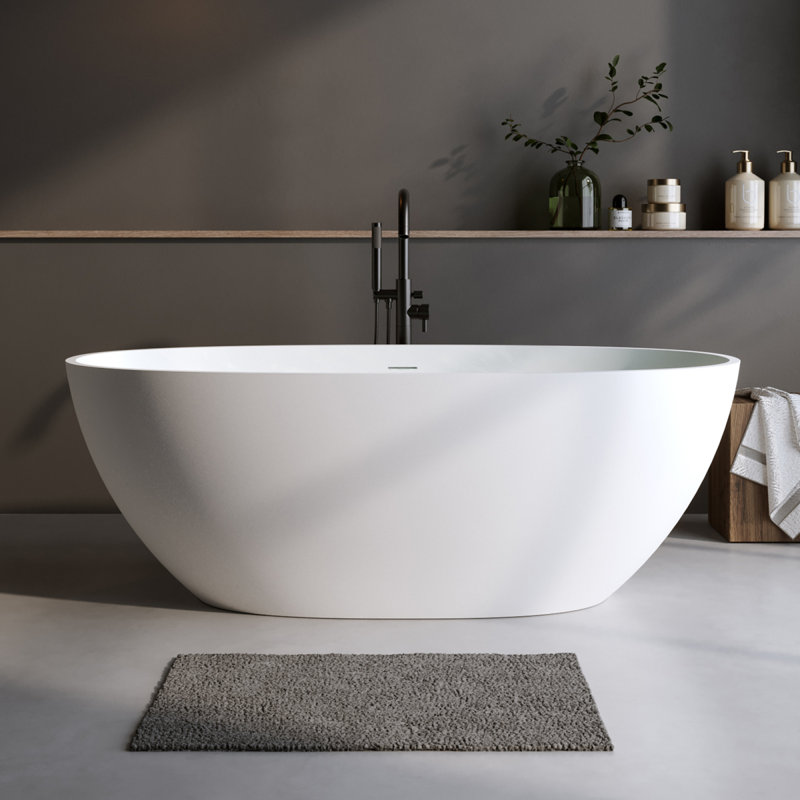 66.9″Solid Surface Matte Tub, Solid Surface Soaking Tub, Stone Resin Freestanding Bathtub, Thick Edge Stand Alone Tubs With Overflow, Popup Drain, Matte White (Oval)