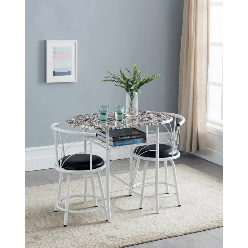 Moronta 3 Piece Dining Table Set with Cobblestone Top - Breakfast Table with 2 Chairs - 2 Seat Dining Table Set for Small Spaces - Round Table Set with Faux Marble Top