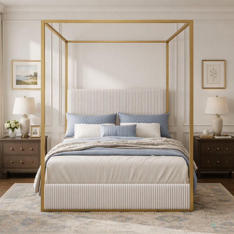 Lit à baldaquin en métal de luxe moderne avec tête de lit tapissier haute en velours côtelé et grand lit à baldaquin, aucun sommier nécessaire, grand