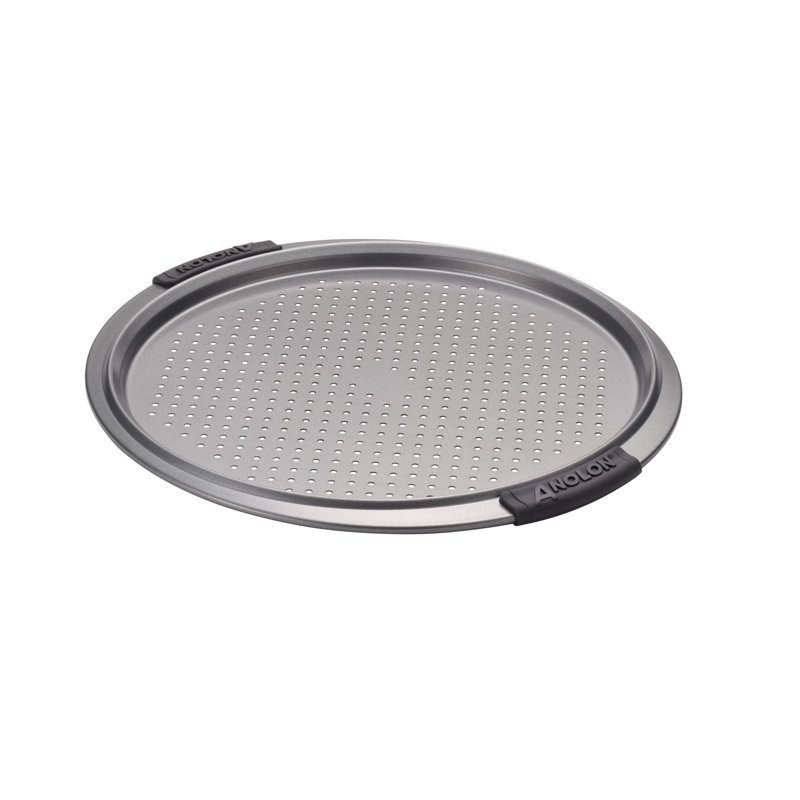 Gray Nonstick Round Perforated Pizza Pan with Silicone Grips