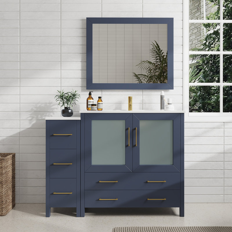 Ensemble de meuble-lavabo autoportant 48 po avec plateau en céramique et miroir assorti Brescia, Bleu
