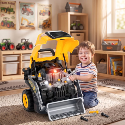 Camion jouet avec moteur, trousse de réparation mécanique pour enfants avec vaporisateur, lumières, sons et pièces amovibles, excavatrice à moteur démontable, cadeau éducatif pour enfants de 3 à 6 ans, jaune