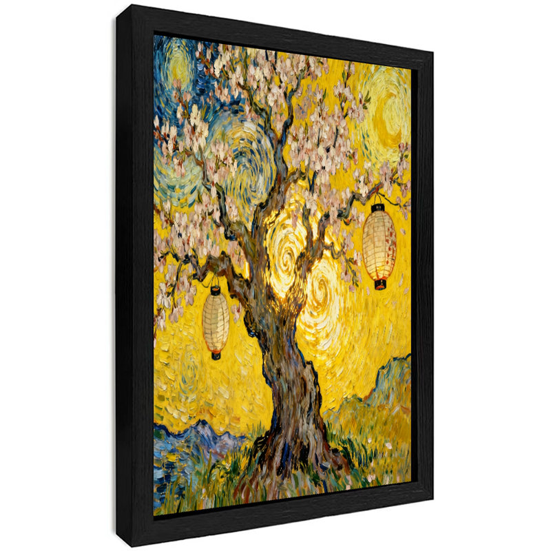 Reproduction d'art encadrée noire, lanterne de rivière, abricot rétro, H 25 po x l 17 po