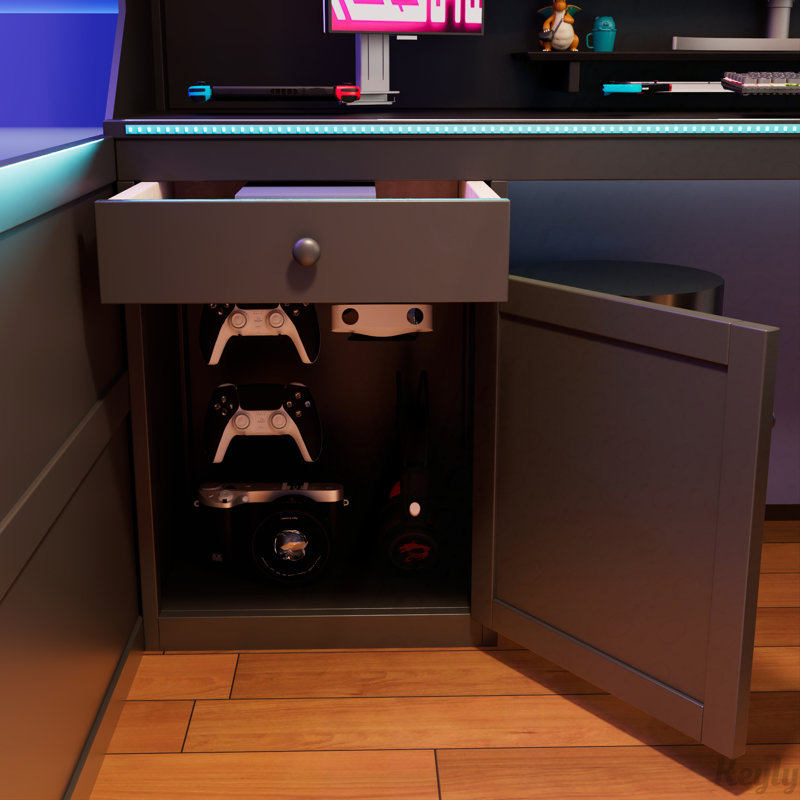 Lit mezzanine Gaming avec bureau, panneau perforé, DEL et rangement, Twin, Black+Red