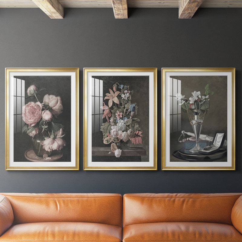 Imprimé floral rétro CVI - impression encadrée sur mesure de qualité supérieure mate - 3 pièces, H 15 po x l 19 po, Doré