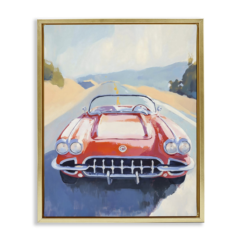 Voiture de sport rouge sur cadre flottant Journey, design par The Prints Vibe, 31 x 25, Metallic Gold Floater Framed