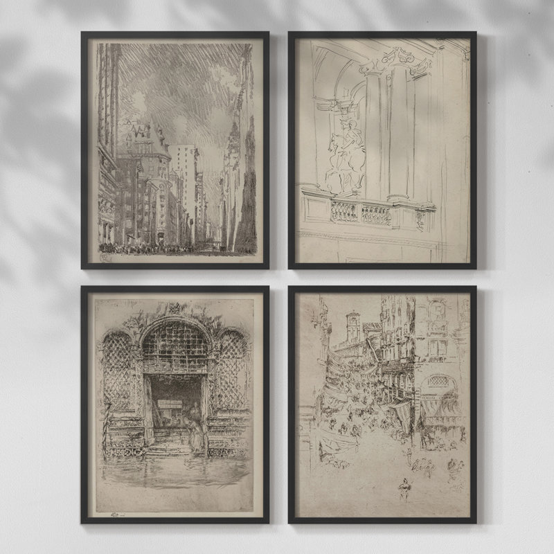 Vintage Sketch LXXX  Framed Print - Set of 4, 14" H x 44" W, Black