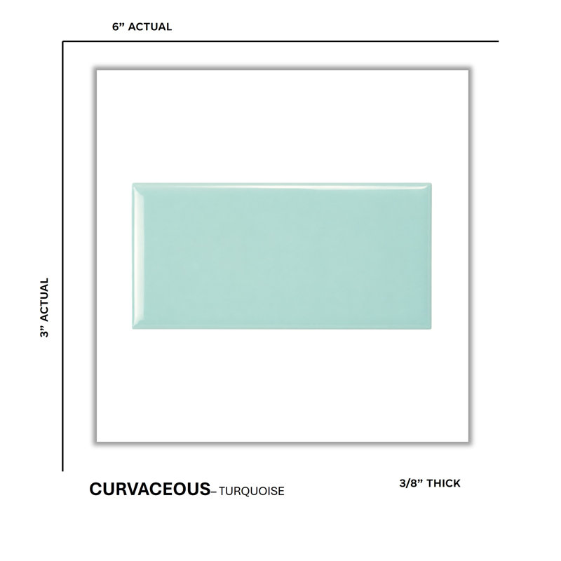 Curvaceous 3" x 6" Ceramic Wall Tile, Turquoise