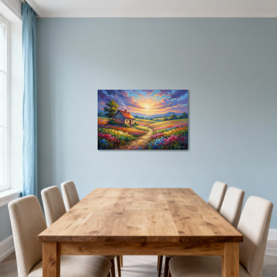 Paysage et nature, campagne, coucher de soleil, champ de fleurs, sentier, peinture de paysage