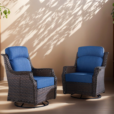 Ensemble de meubles de patio de luxe avec coussin épais de 6 pouces, chaises de patio à bascule pivotantes pour l'extérieur, ensemble de conversation en osier 2 pièces pour terrasse et bord de piscine, bleu