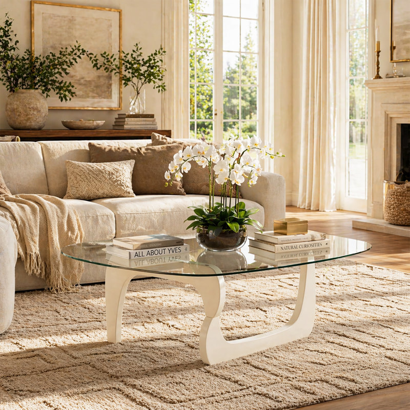 Table basse 51 po en verre massif avec base en bois massif, plateau central Mid-Century pour le salon, assemblage rapide