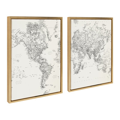 Black and White Modern Retro Wold Map by The Creative Bunch Studio Framed Canvas Wall Art Set