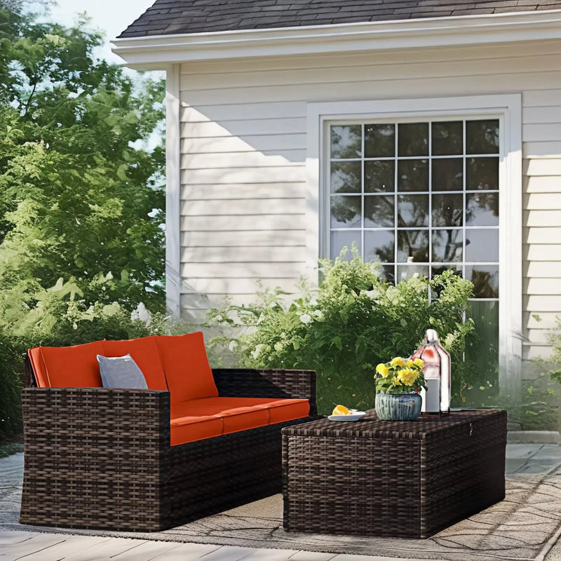 Warner Outdoor Wicker Patio Sofa Set, Dark Brown, Orange