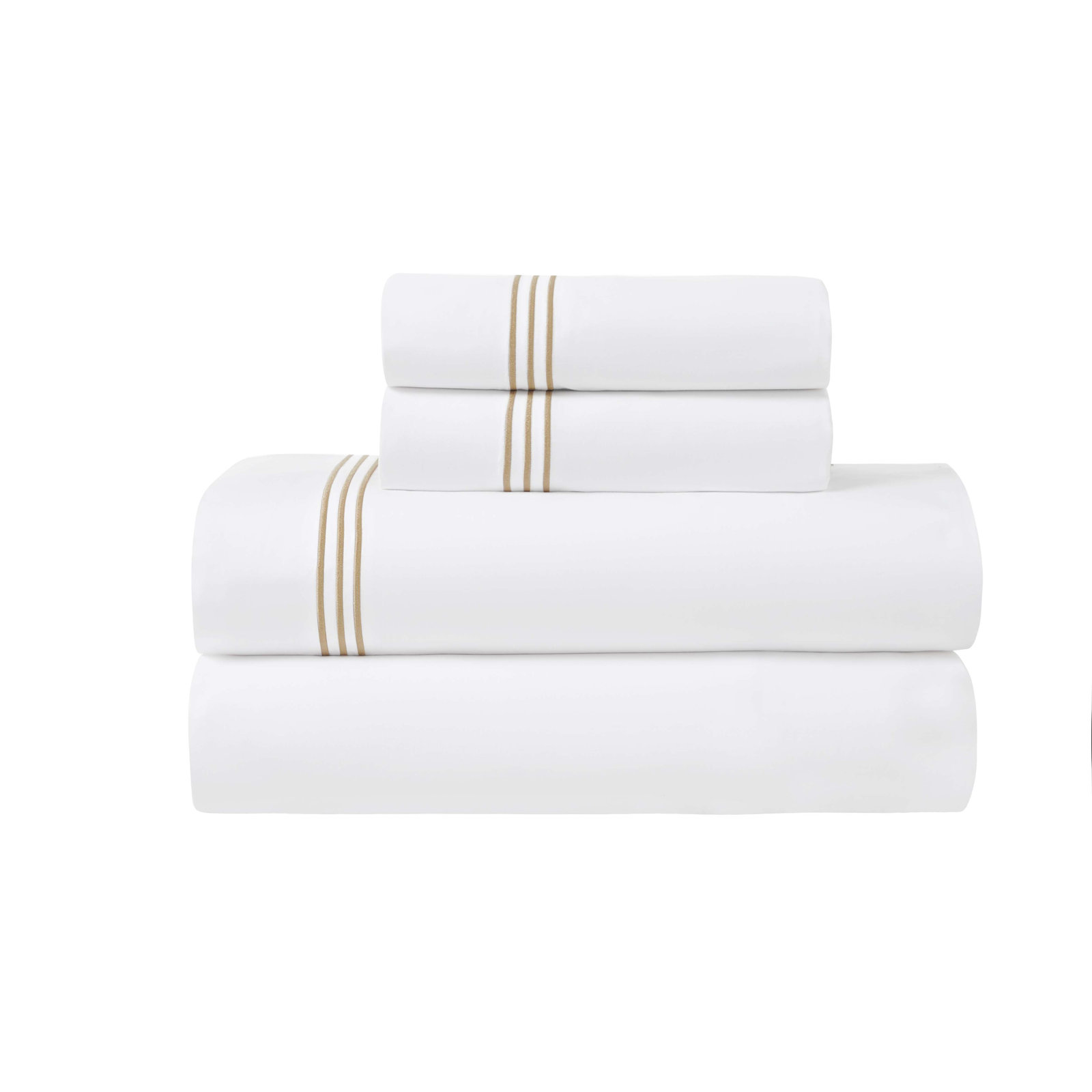 Brandon Cotton Three-Line Embroidered Deep Pocket Bed Sheet Set by Superior, Full Sheet Set with 2 Pillowcases, White/Gold