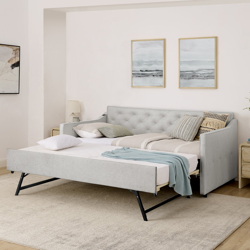 Twin Size Upholstered Daybed with Pop-up Trundle and USB Charging, Beige, Beige
