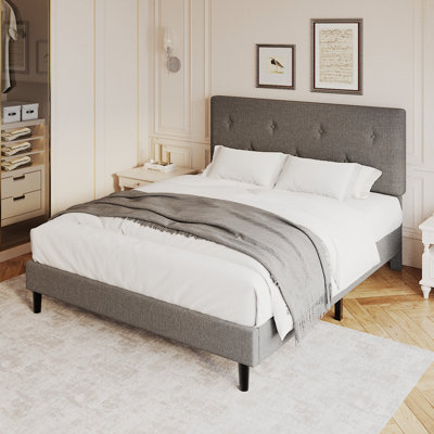 Queen Size Linen Bed Frame, Upholstered Platform Bed Frame with Adjustable Headboard, Wooden Slats Support, No Box Spring Needed, Easy Assembly, Grey