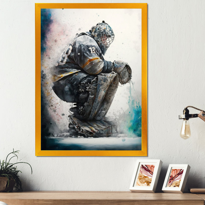 Hockey Gardien I - Impression sur toile, H 20 po x l 12 po x P 1 po, Impression dorée sur toile encadrée