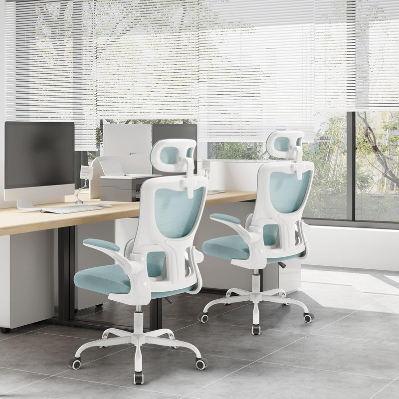 Geralde Office Chair with Headrest, White, Light Blue