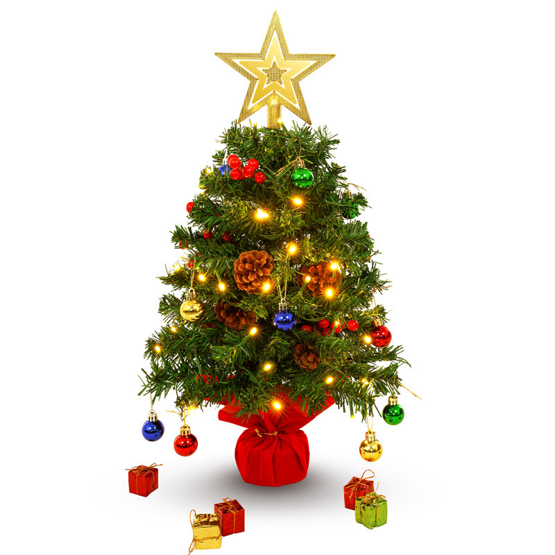 2ft Artificial Green Tabletop Christmas Tree with Pine Cone Red Fruit Gold Star Ball Decorations and LED String Lights