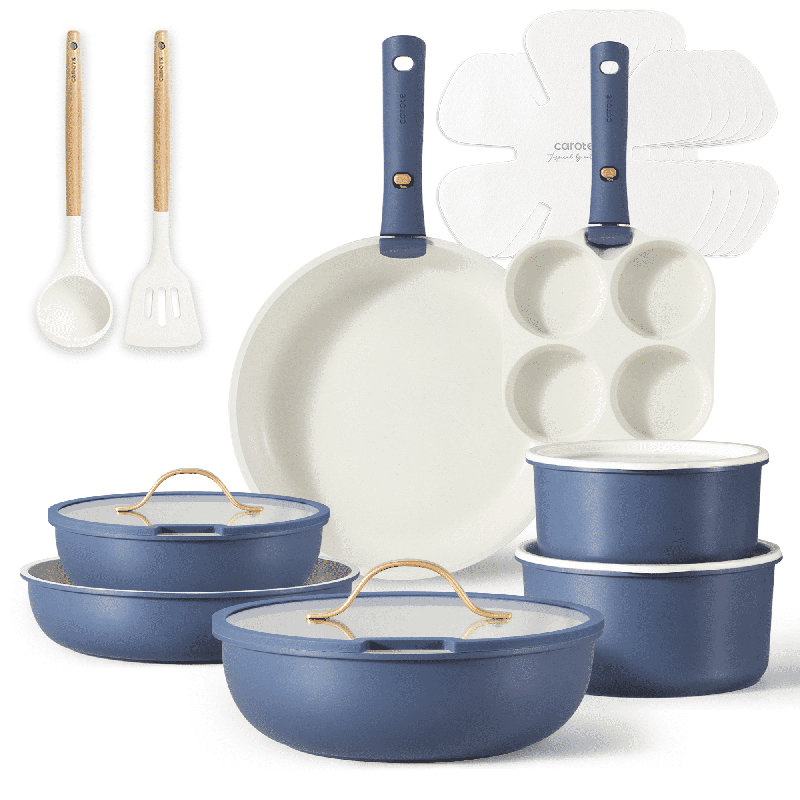 CAROTE 20-Piece Nonstick Cookware Set, Detachable Handle, Blue, Golden Knob