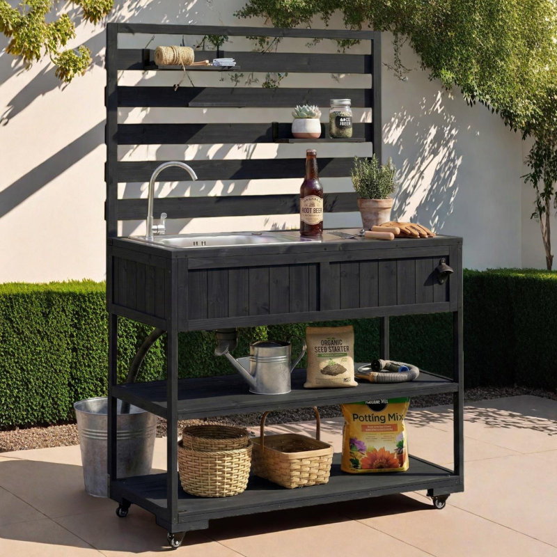 Grand chariot de cuisine d'extérieur avec évier et comptoir en acier inoxydable, Noir