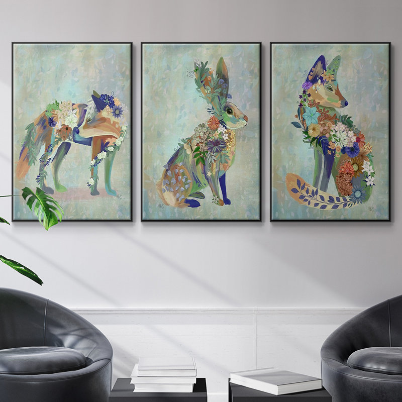 Fantastic Florals Fox, assis, impression sur toile 3 pièces, H 24 po x l 48 po x P 2 po, Noir