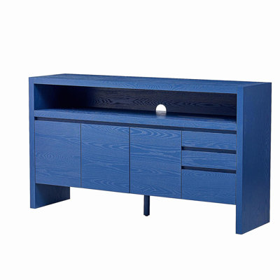 60" 3-Door Sideboard with 3 Drawers, Modern Solid Ash Veneer MDF Sideboard, Semi-Open Shelf & Center Semi-Circular Cutout in Back Panel, Large Storage Cabinet