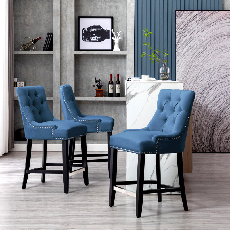 Wren 24" Counter Stool (Set of 3), Teal Linen/Black Frame