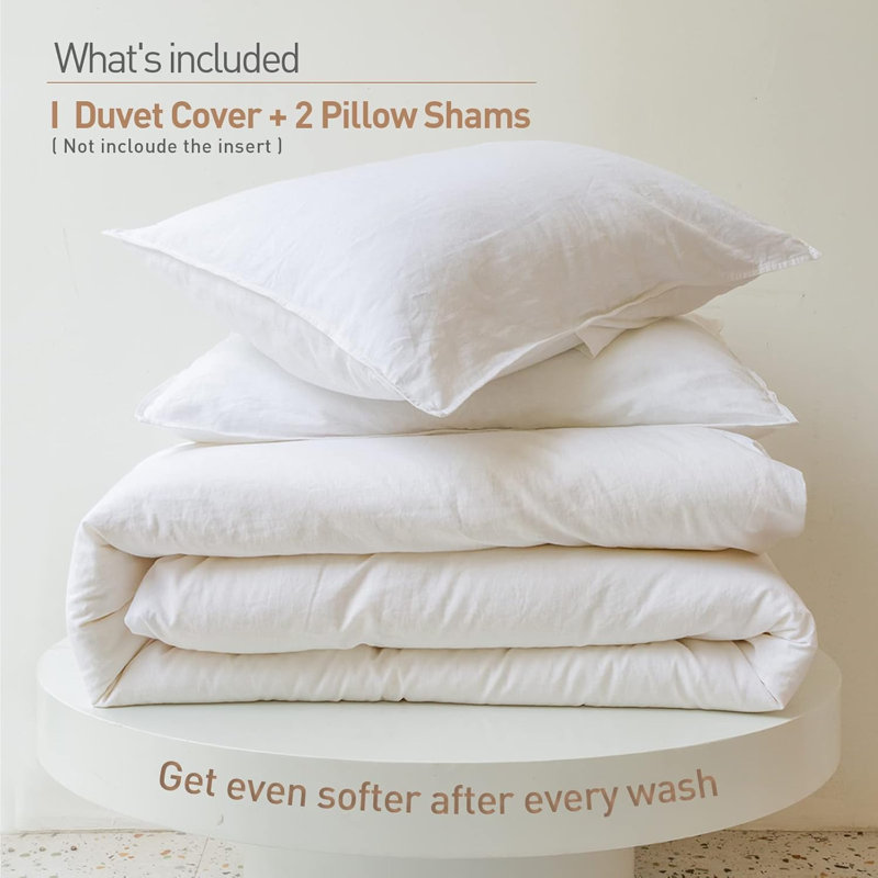 French Linen Duvet Cover Set 3Pcs With Hidden Zipper Closure Natural Flax Cotton Blend, White