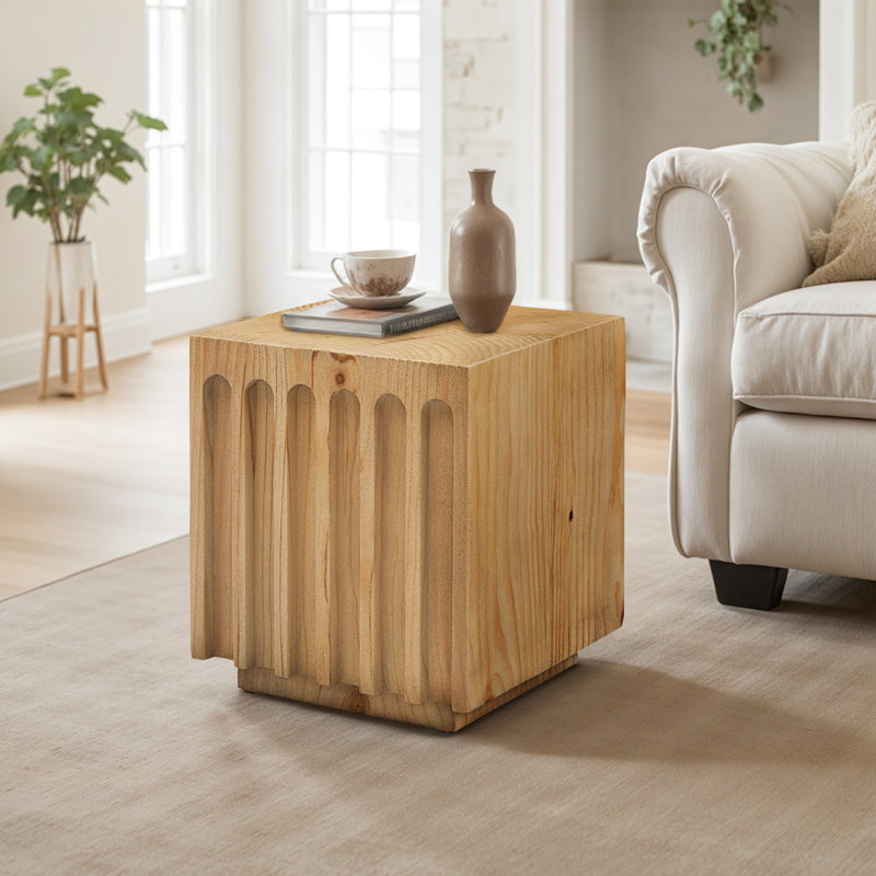 Table de bout cannelée en bois massif avec grain de bois naturel, Bois naturel