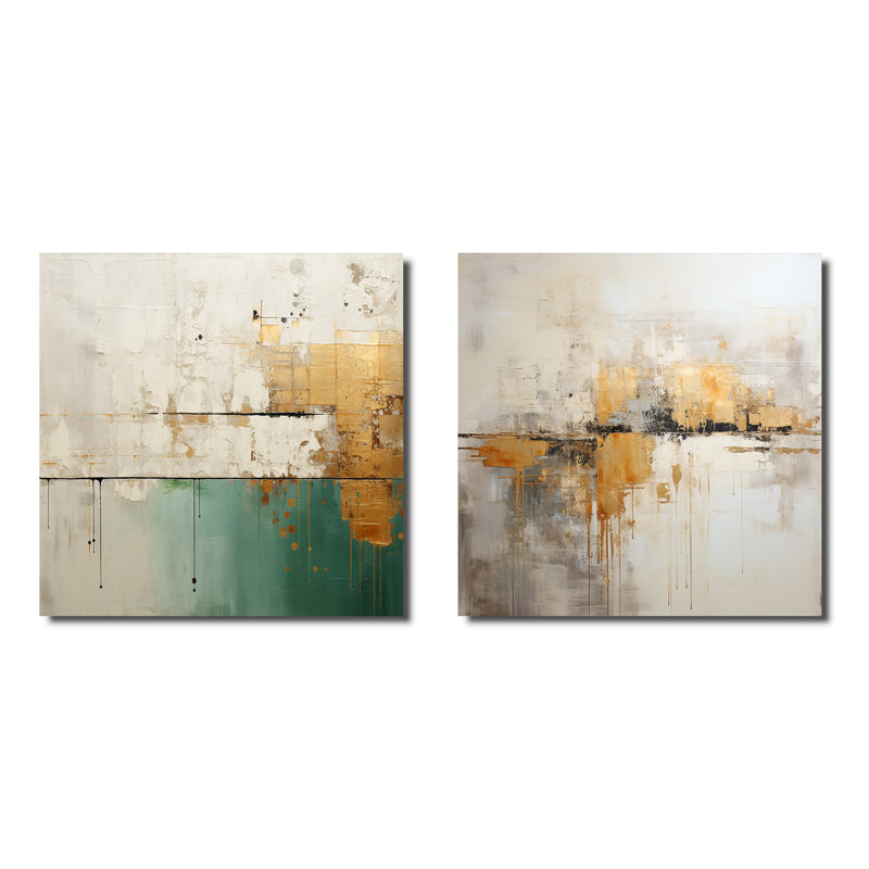 Minimalisme doré et bleu sarcelle Horizon II - ensemble de 2 collages carrés abstraits, H 36 po x l 73 po, Toile tendue