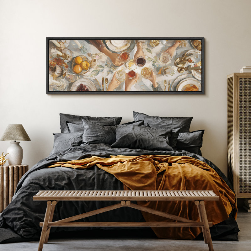 Neutral Toned Feast Celebration Artwork Extra Large Pictures Framed Canvas Print Wall Art, 20" H x 60" W, Black