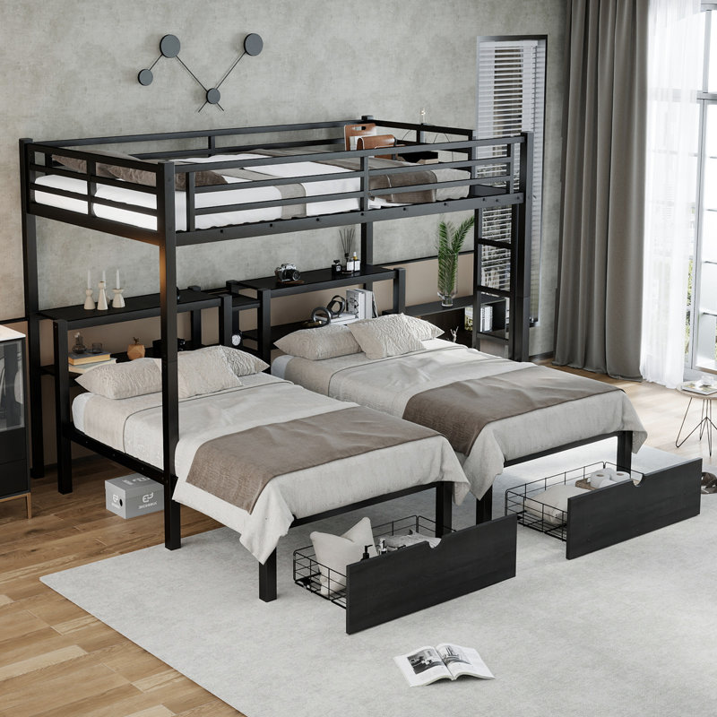 Lit double superposé double au-dessus de simple et simple double avec tiroirs, prises USB et tablettes de rangement, lit à trois étages à cadre métallique multifonctionnel, solution de chambre noire peu encombrante
