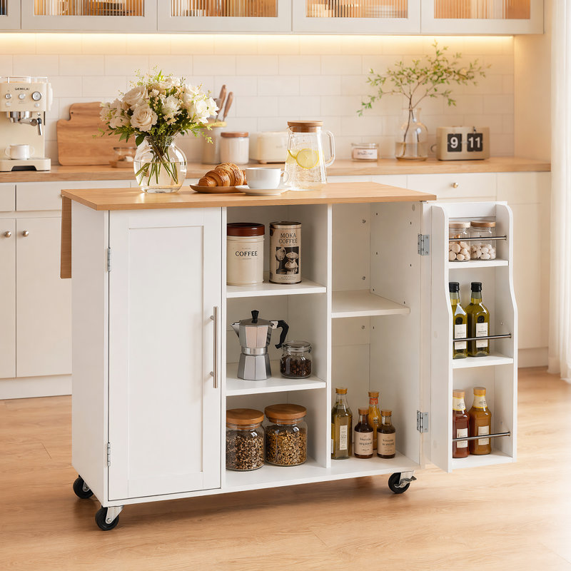 42" Mobile Kitchen Island with Drop Leaf, Rolling Breakfast Bar with Storage Cabinet & Locking Casters, White