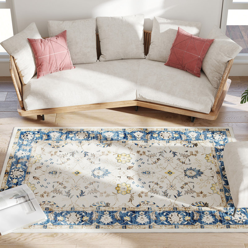 Tapis bohémien floral en flanelle de vigne - bleu, confortable sous les pieds, charme bohème pour les coins salon / chambres à coucher